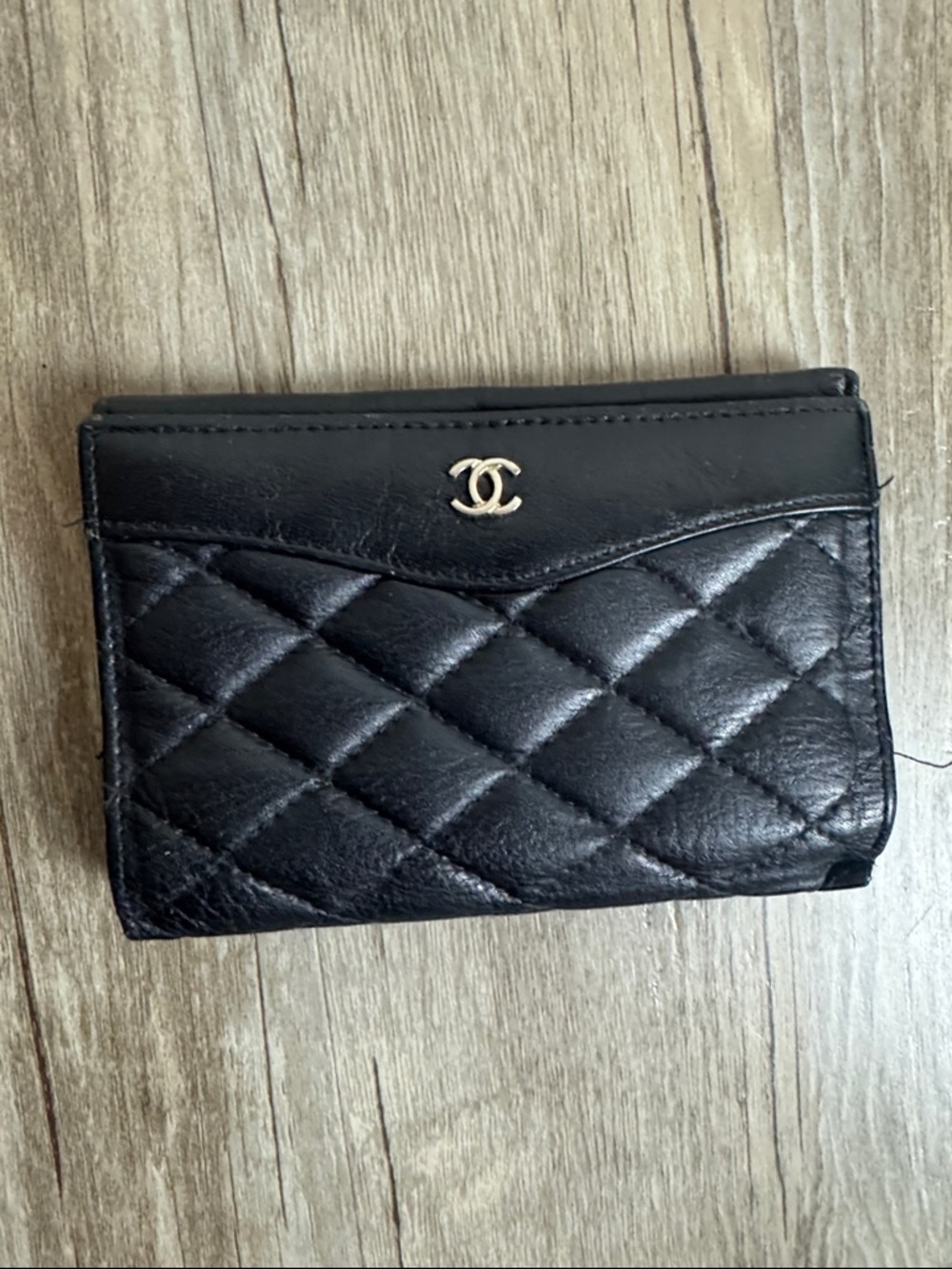 Black Quilted Leather Wallet Gold Snap Compact Flap Vintage Style